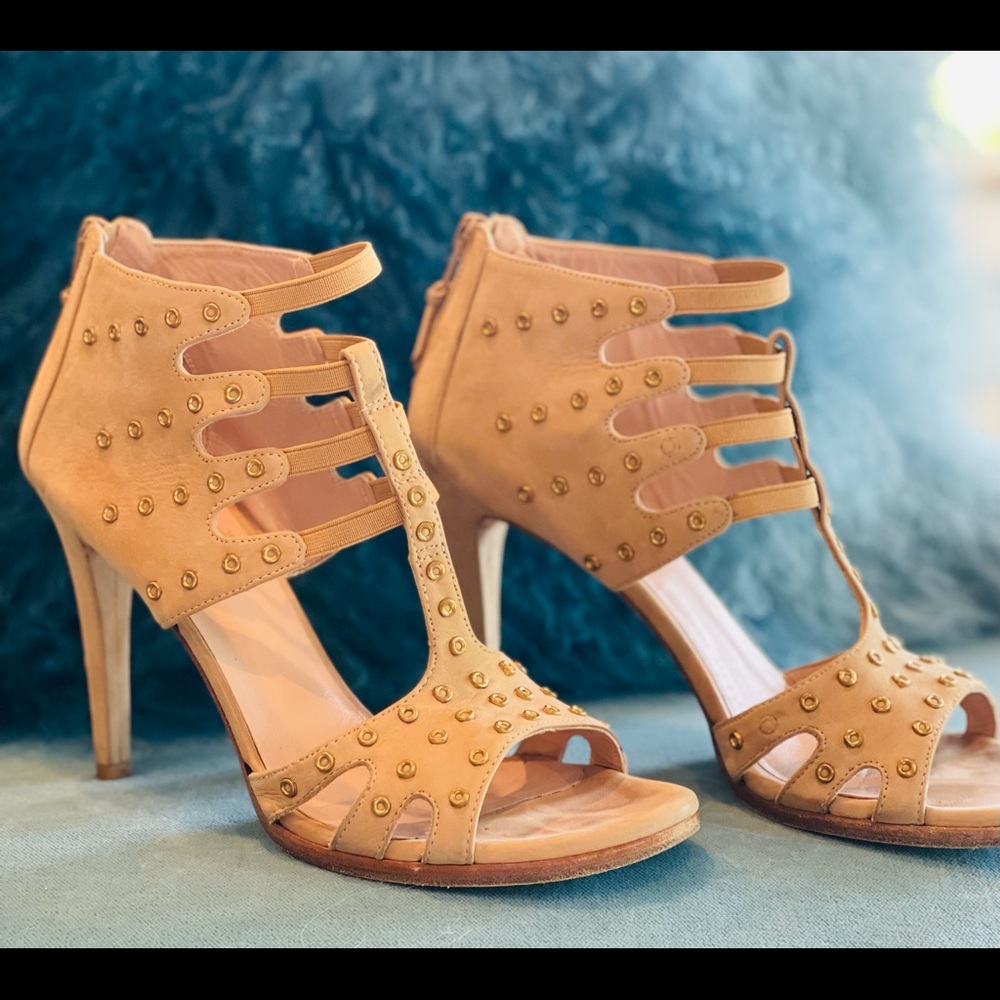 Stuart Weitzman Tan Studded Strappy High Heel Sandal Booties